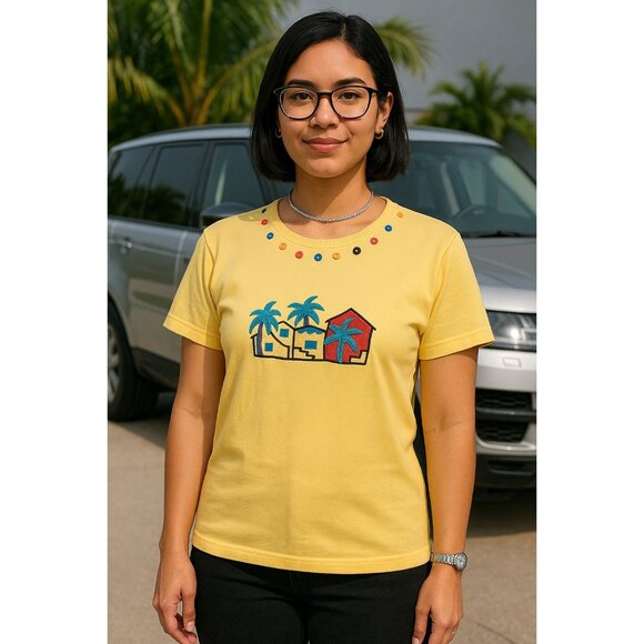 Vintage Bechamel Yellow Cotton T-Shirt Small Button Trim Palm Tree House - Picture 1 of 7